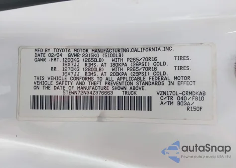 2004 Toyota Tacoma Base V6 z USA, uszkodzony, nr VIN 5TEWN72N34Z376663